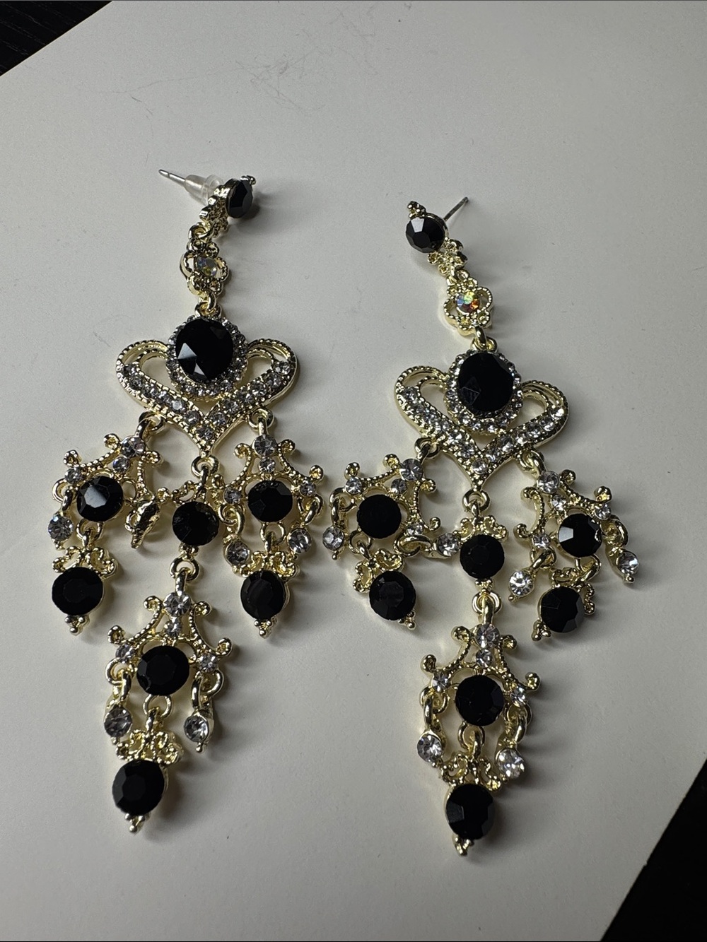 Gold Tone Black Crystal Chandelier Earrings - Elegant Statement Jewelry